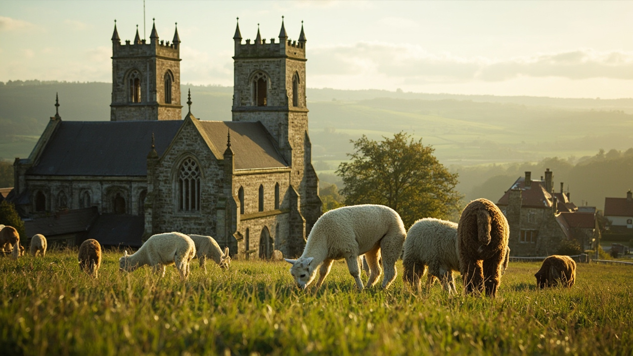 The countryside Essex village with medieval churches and grazing alpacas